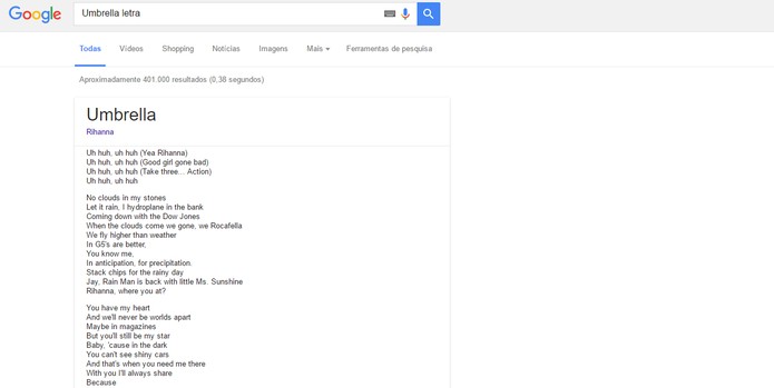 Letras de músicas de artistas internacionais como Rihanna no Google (Foto: Reprodução/Barbara Mannara)