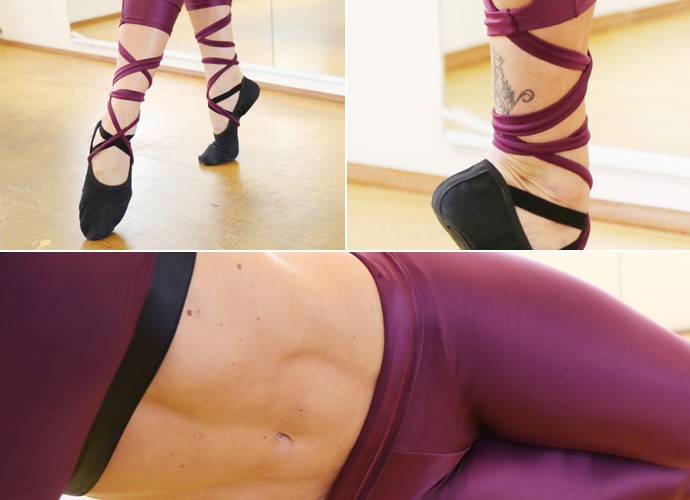 O balé fitness de Karina Bacchi no detalhe: a sapatilha, a tatuagem e o tanquinho (Foto: Carol Caminha / Gshow)