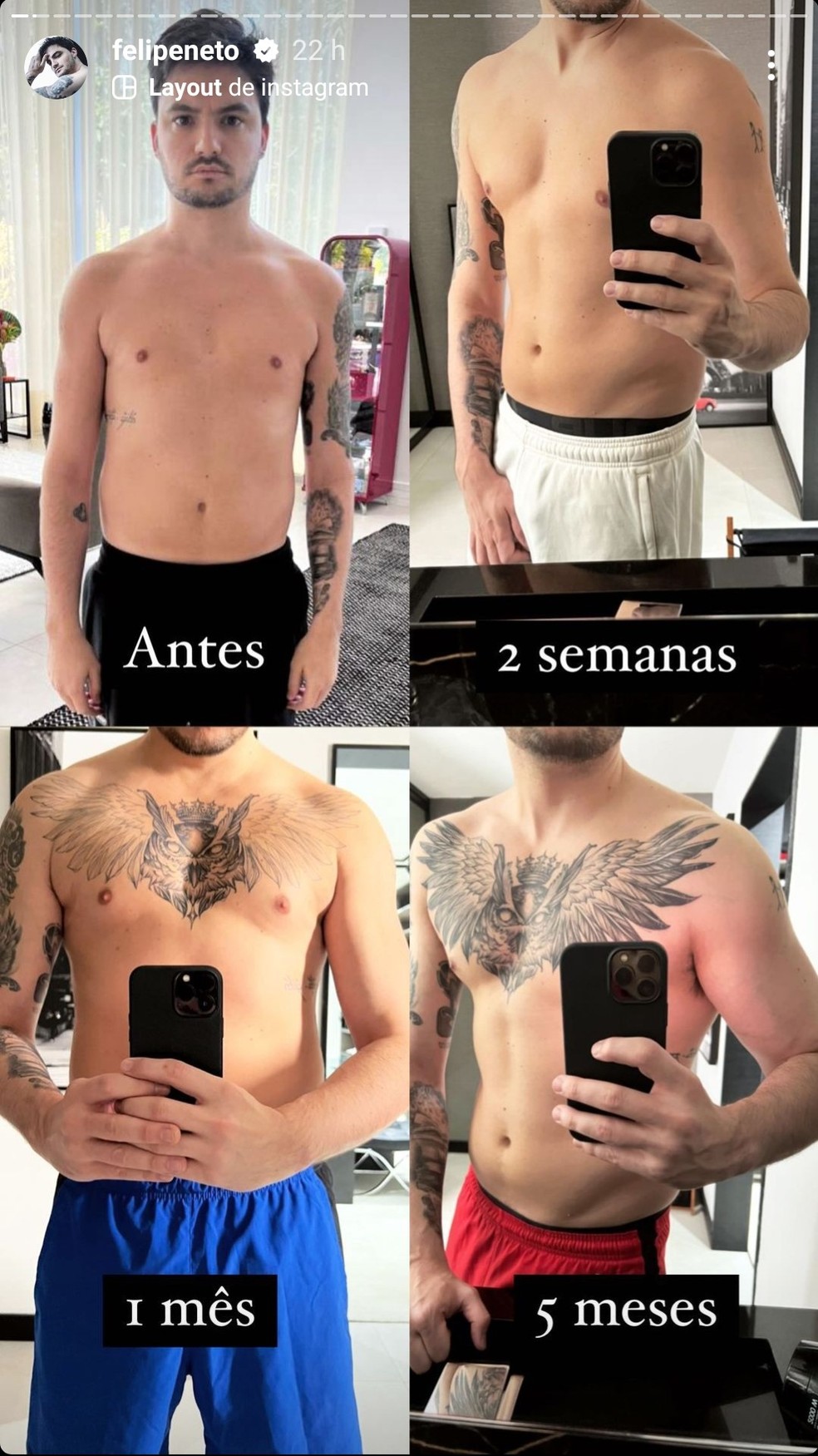 Felipe Neto antes de começar a reeducação alimentar e os exercícios, duas semanas, um mês e cinco meses depois — Foto: Reprodução Instagram