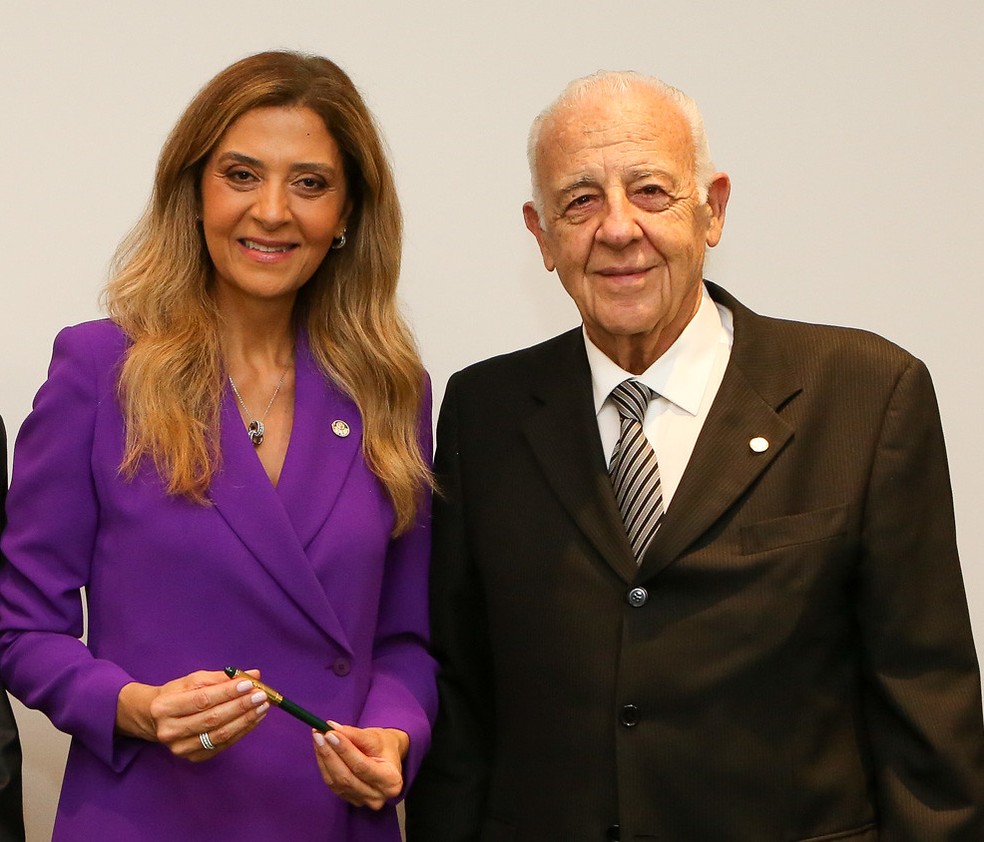 Leila Pereira e Seraphim del Grande em evento do Palmeiras — Foto: Fabio Menotti