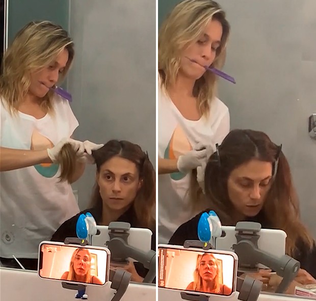 Fernanda Gentil pinta o cabelo da mulher,  Priscila Montandon, em casa (Foto: Reprodução/ Instagram)