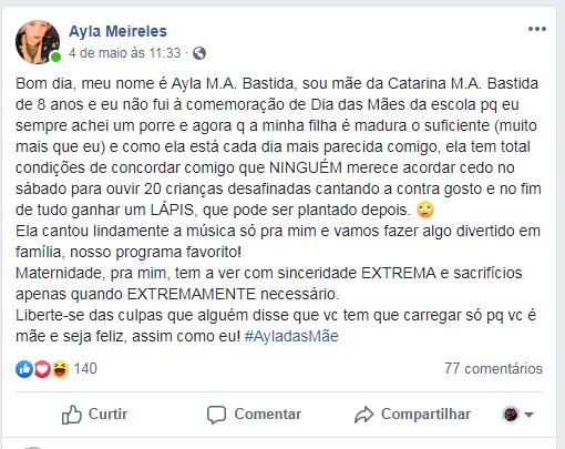 Desabafo de Ayla em sua rede social (Foto: Reprodução Facebook)