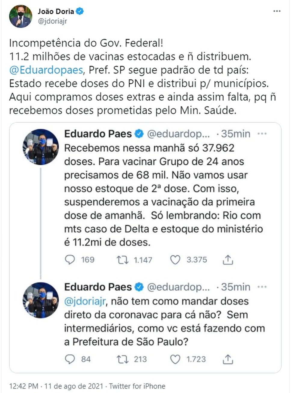 Doria responde a Paes no Twitter — Foto: Reprodução