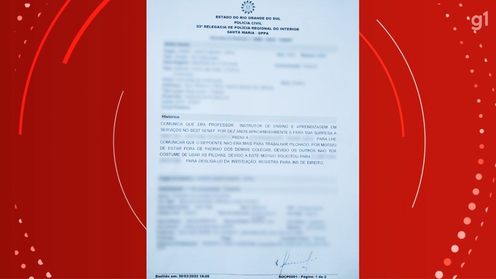 Boletim de ocorrência registrado em março de 2022, em Santa Maria. — Foto: Divulgação
