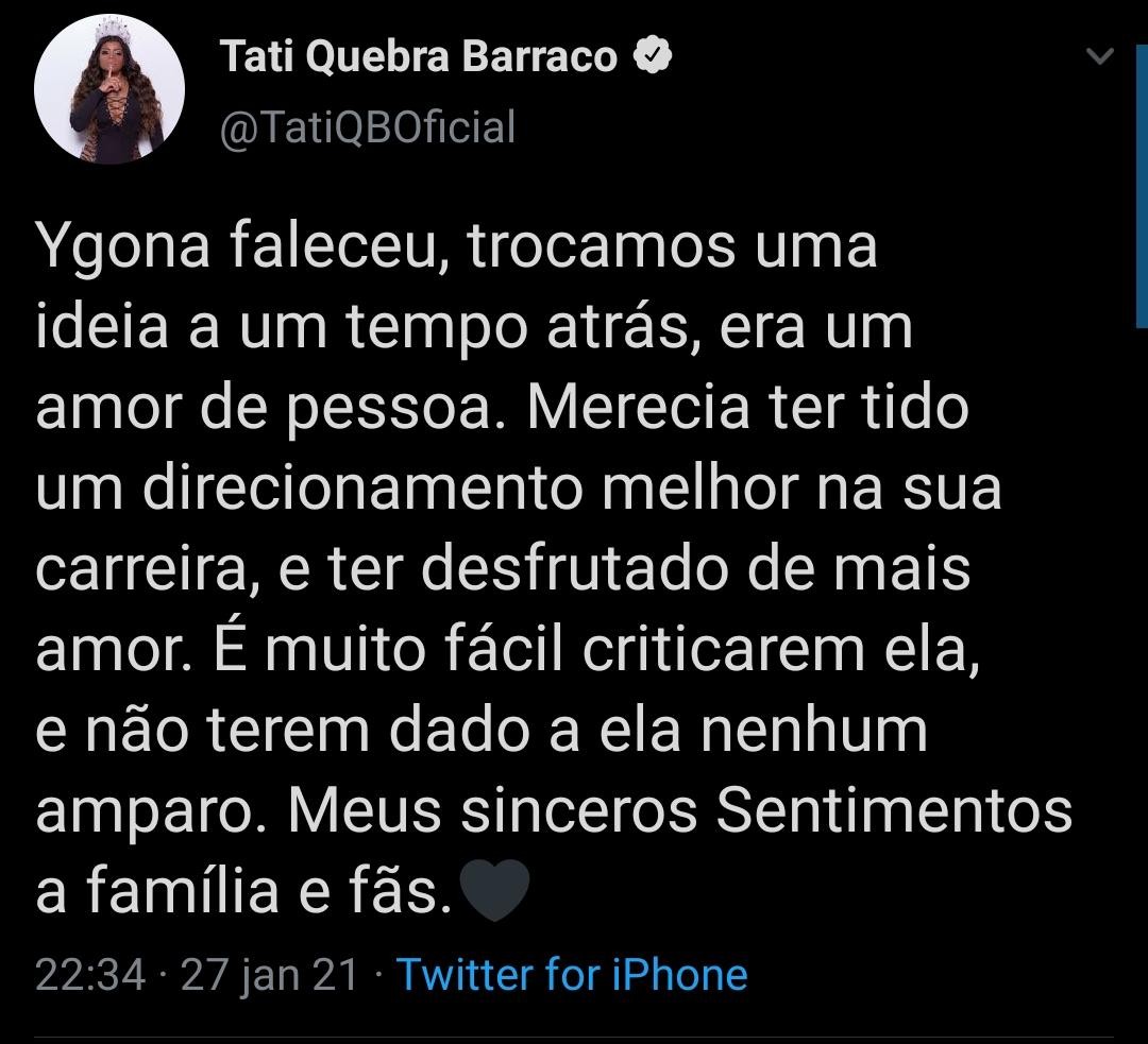 Tati Quebra Barraco lamenta morte de Ygona Moura (Foto: Reprodução/Instagram)