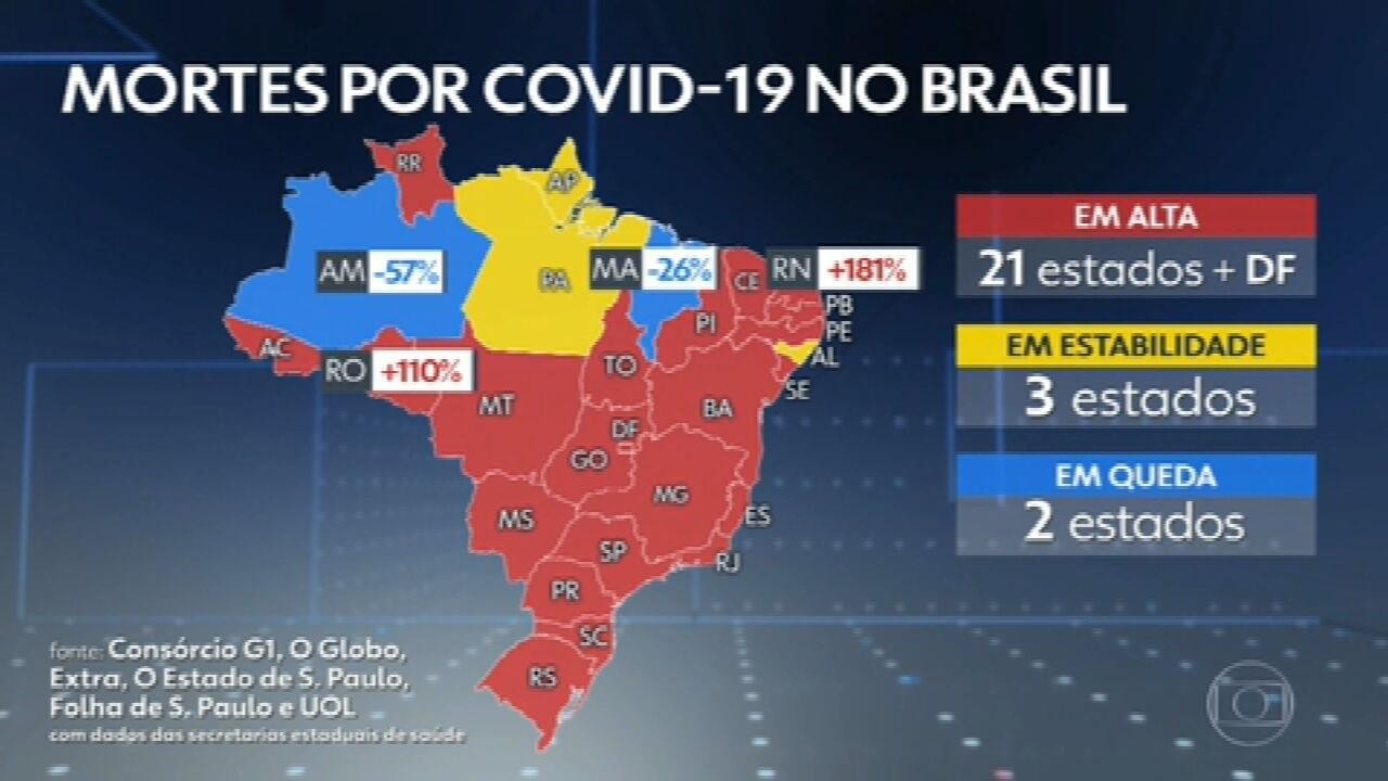 Brasil registra 769 mortes por Covid nas últimas 24 horas; 21 estados e DF seguem em alta