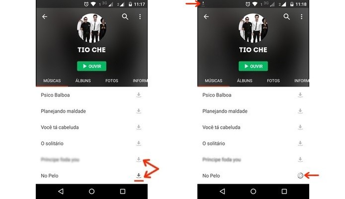 Imagem esquerda indica diferença de ícones de faixas habilitadas ou não para baixar. À direita, download em andamento (Foto: Reproduç�