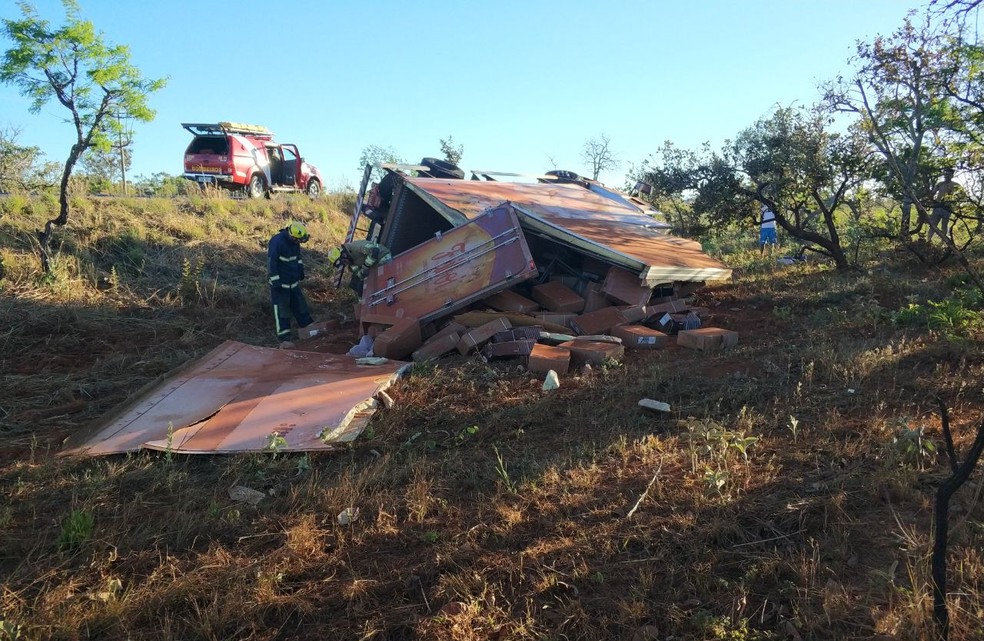 Caminhão carregado com carne que tombou no DF (Foto: Corpo de Bombeiros/Divulgação)