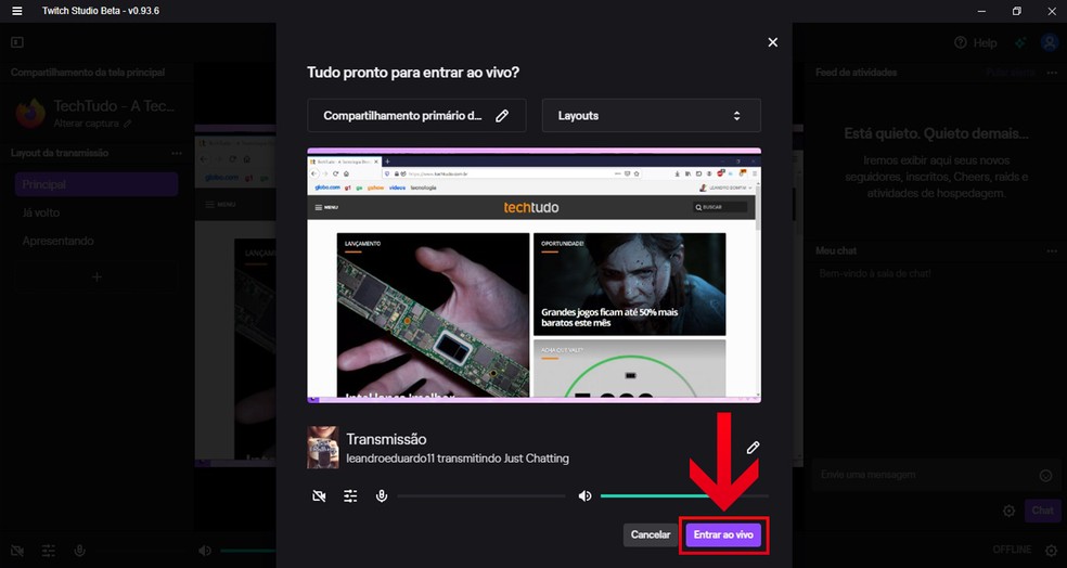 Clique em “Entrar ao vivo” para confirmar o início da live na Twitch TV — Foto: Reprodução/Leandro Eduardo