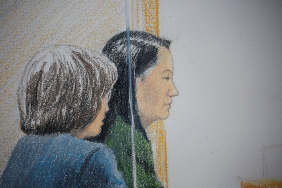 Representação Meng Wanzhou, da Huawei, em tribunal de Vancouver, nesta sexta-feira (7) — Foto: Jane Wolsak/Reuters