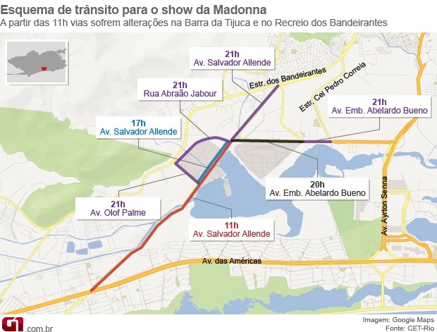 Veja esquema de trânsito para o show da Madonna (Foto: Editoria de Arte/G1)