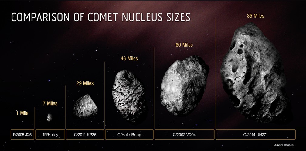 Comparação do tamanho do C/2014 UN271 com outros cometas já detectados  — Foto: NASA, ESA, Zena Levy (STScI)