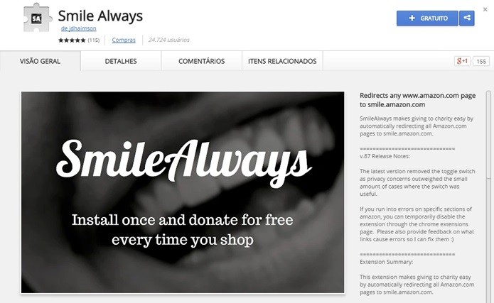 SmileAlways redireciona links da Amazon para AmazonSmile (Foto: Reprodução/Chrome Web Store)