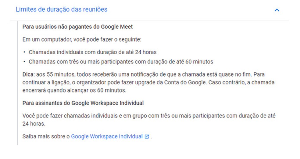 Google Meet passa a ter limite de tempo para reuniões em grupo gratuitas — Foto: Reprodução/Google Workspace