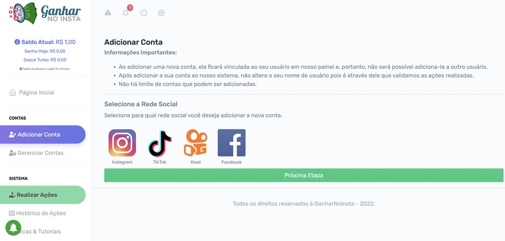 Ganhar no Insta permite adicionar contas do Instagram. Facebook, TikTok e Kwaii — Foto: Reprodução/Barbara Mannara