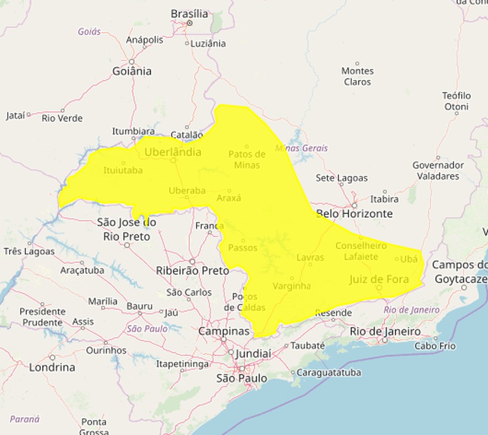 Alerta amarelo Uberlândia e região 10 de fevereiro de 2020 — Foto: Inmet/Divulgação 