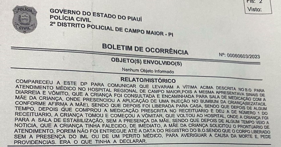 Boletim de Ocorrência sobre a morte da criança registrado em Campo Maior-PI — Foto: Reprodução