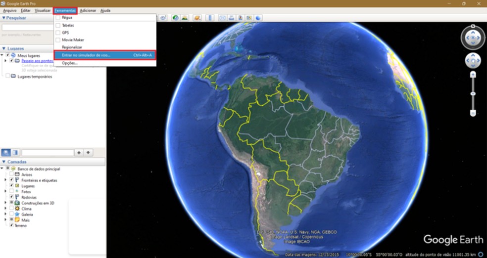 Caminho para acessar o simulador de voo no menu do Google Earth Pro — Foto: Reprodução/Caroline Silvestre