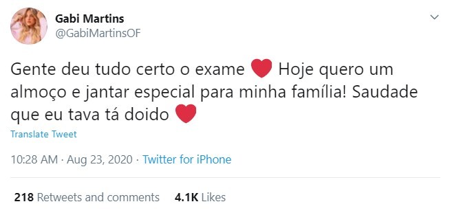 Gabi Martins fez um exame sorológico para saber que está curada do coronavírus (Foto: Reprodução/Twitter)