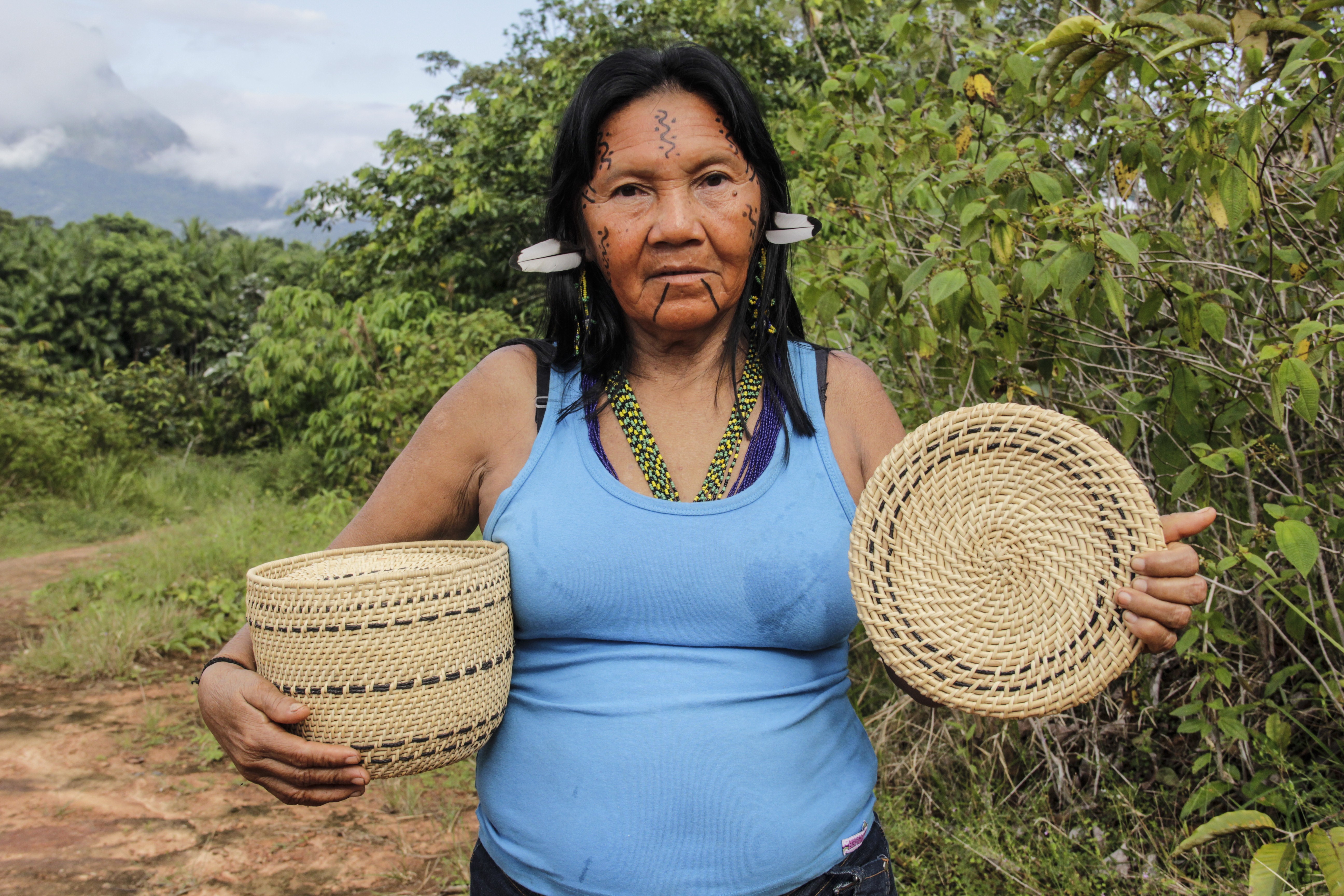 Luiza Lima Góes Yanomami carrega dois cestos Motorohima, feitos por ela na comunidade Maturacá, Terra Indígena Yanomami (Foto: Roberto Almeida / ISA)