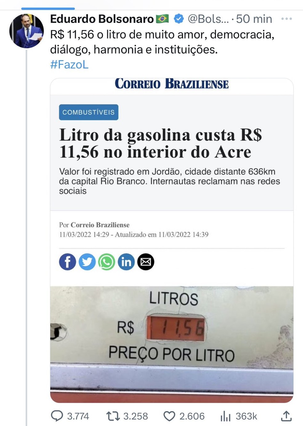 Eduardo Bolsonaro postando fake news contra o próprio governo Tweet-eduardo-gasoluna