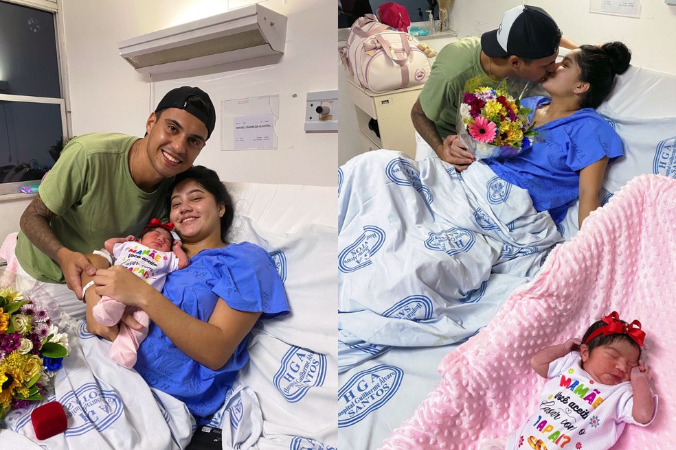 Jovem foi pedida em casamento pelo namorado e com a ajuda da filha recém-nascida após o parto em maternidade de Santos, SP — Foto: Arquivo Pessoal