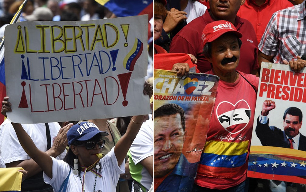 Montagem com fotos de protestos de opositores e chavistas nesta quarta (1º) — Foto: Federico Parra/AFP; Yuri Cortez/AFP