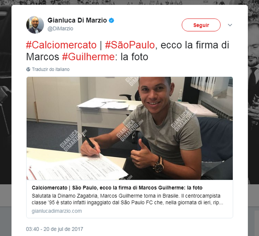 Marcos Guilherme assina contrato com o São Paulo (Foto: Reprodução/Twitter)