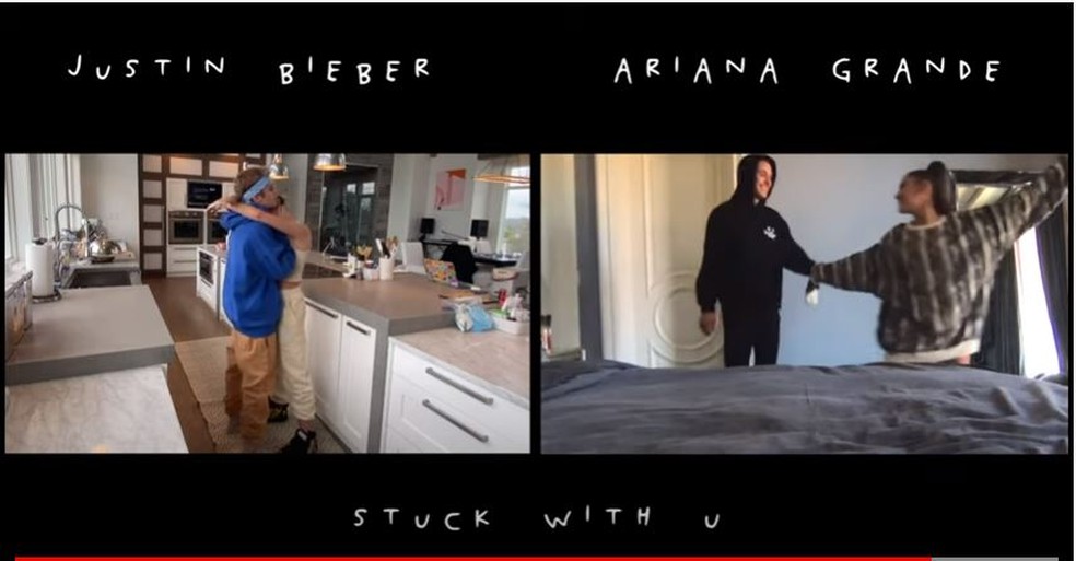 Ariana Grande e Justin Bieber lançam 'Stuck with u' e mostram fãs dançando em casa durante quarentena  — Foto: Reprodução/YouTube