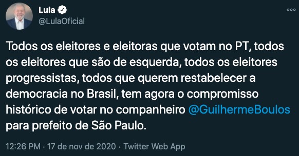 Lula pede votos a Boulos no Twitter (Foto: Reprodução/Twitter)