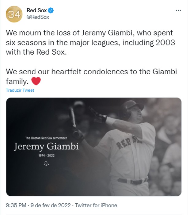 Time de beisebol Red Sox lamenta morte do ex-jogador Jeremy Giambi (Foto: Reprodução/Twitter)
