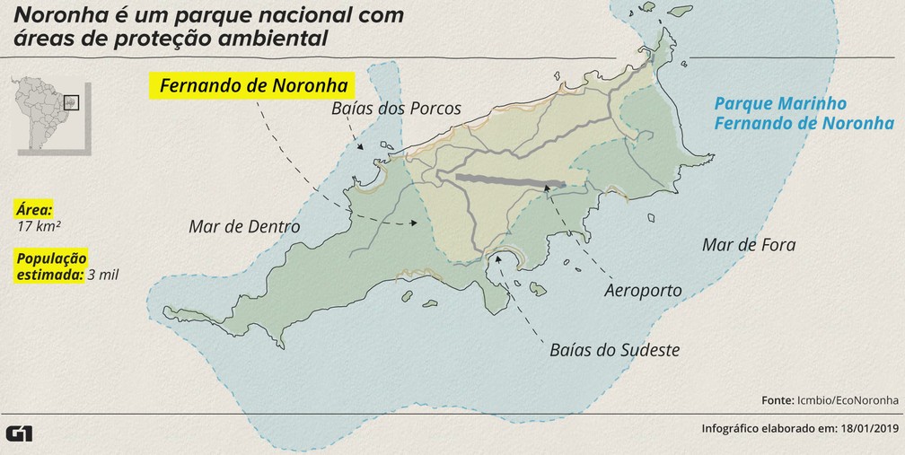 Mapa mostra Fernando de Noronha — Foto: Roberta Jaworski/G1