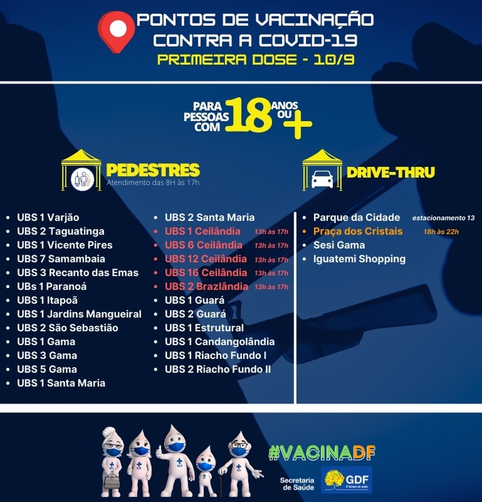 Vacinação contra a Covid-19 para adultos em 10 de setembro no DF. — Foto: SES-DF/Reprodução 
