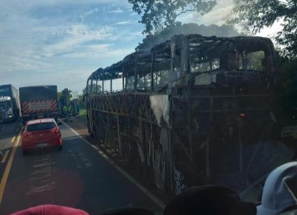 nibus ficou completamente destrudo aps pegar fogo na BR-153  Foto: Reproduo/Redes Sociais