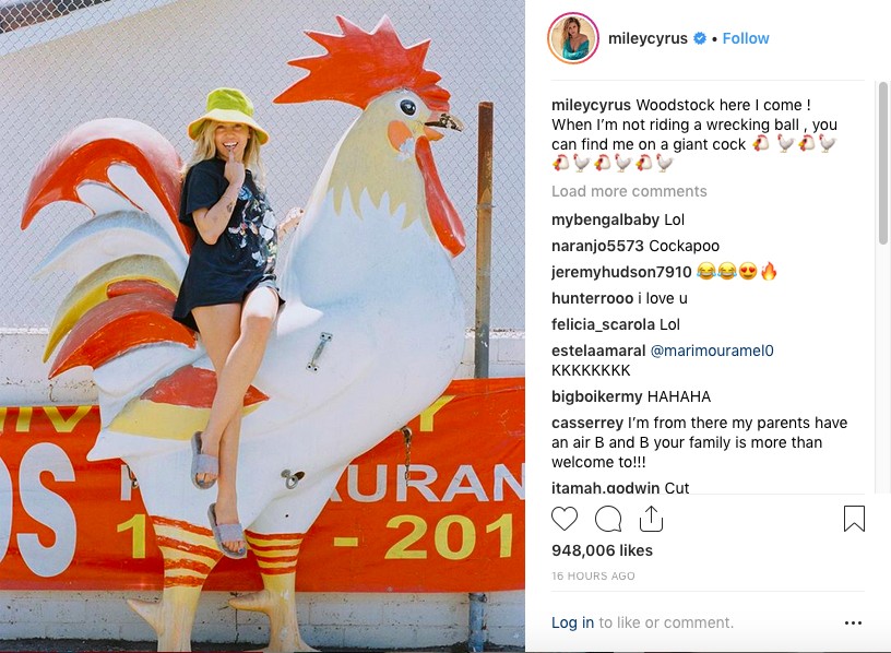 O post no qual a cantora Miley Cyrus comemorou sua presença na nova versão do Festival de Woodstock (Foto: Instagram)