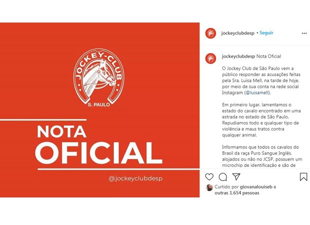 Comunicado do Jockey Club de São Paulo (Foto: Reprodução/ Instagram) Comunicado do Jockey Club de São Paulo (Foto: Reprodução/ Instagram)