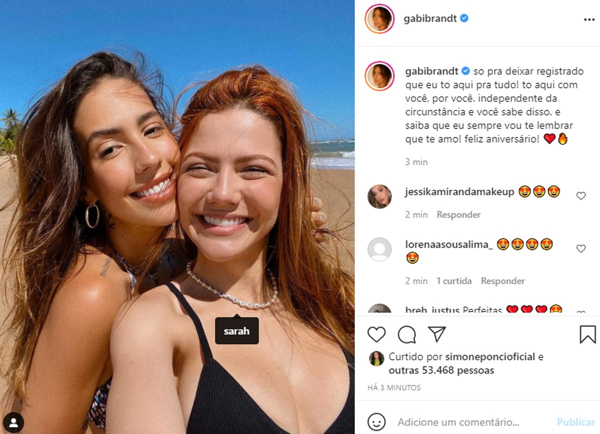 Gabi Brandt parabeniza Sarah Poncio em meio a rumores de separação de Jonathan Couto (Foto: Reprodução/Instagram)