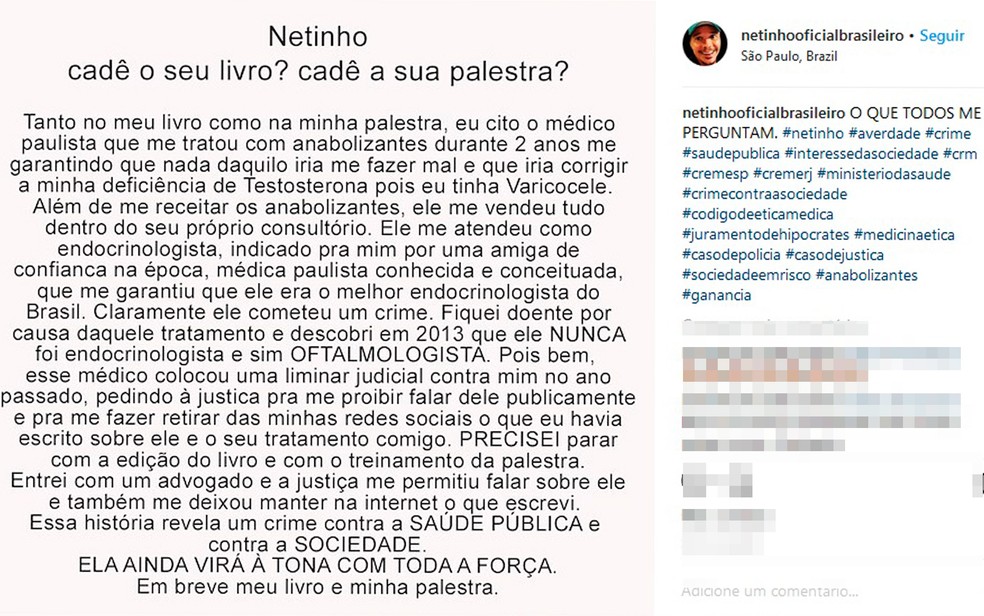Netinho publicou nas redes sociais denúncia contra médico (Foto: Reprodução/ Instagram)