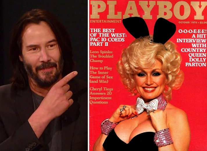 O ator Keanu Reeves e a capa da Playboy de outubro de 1978 que inspirou a fantasia dele (Foto: Reprodução)