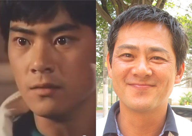 Takumi Tsutsui como Touha Yamaji, no seriado 'Jiraiya' (à esqueda), e hoje em visita ao Brasil (à direita) (Foto: Reprodução/YouTube e Gustavo Petró/G1)