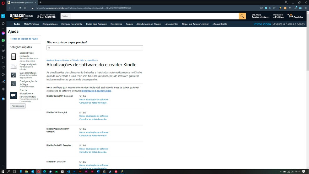 Página da Amazon oferece acesso às versões mais recentes do software interno do Kindle — Foto: Reprodução/Filipe Garrett