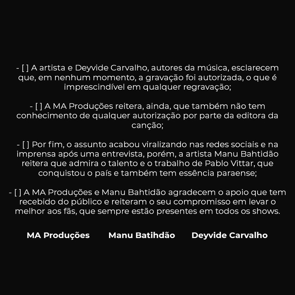 Segunda parte do comunicado da empresa MA Produções sobre a música 'Apaixonada' — Foto: Reprodução / Twitter Manu Batidão