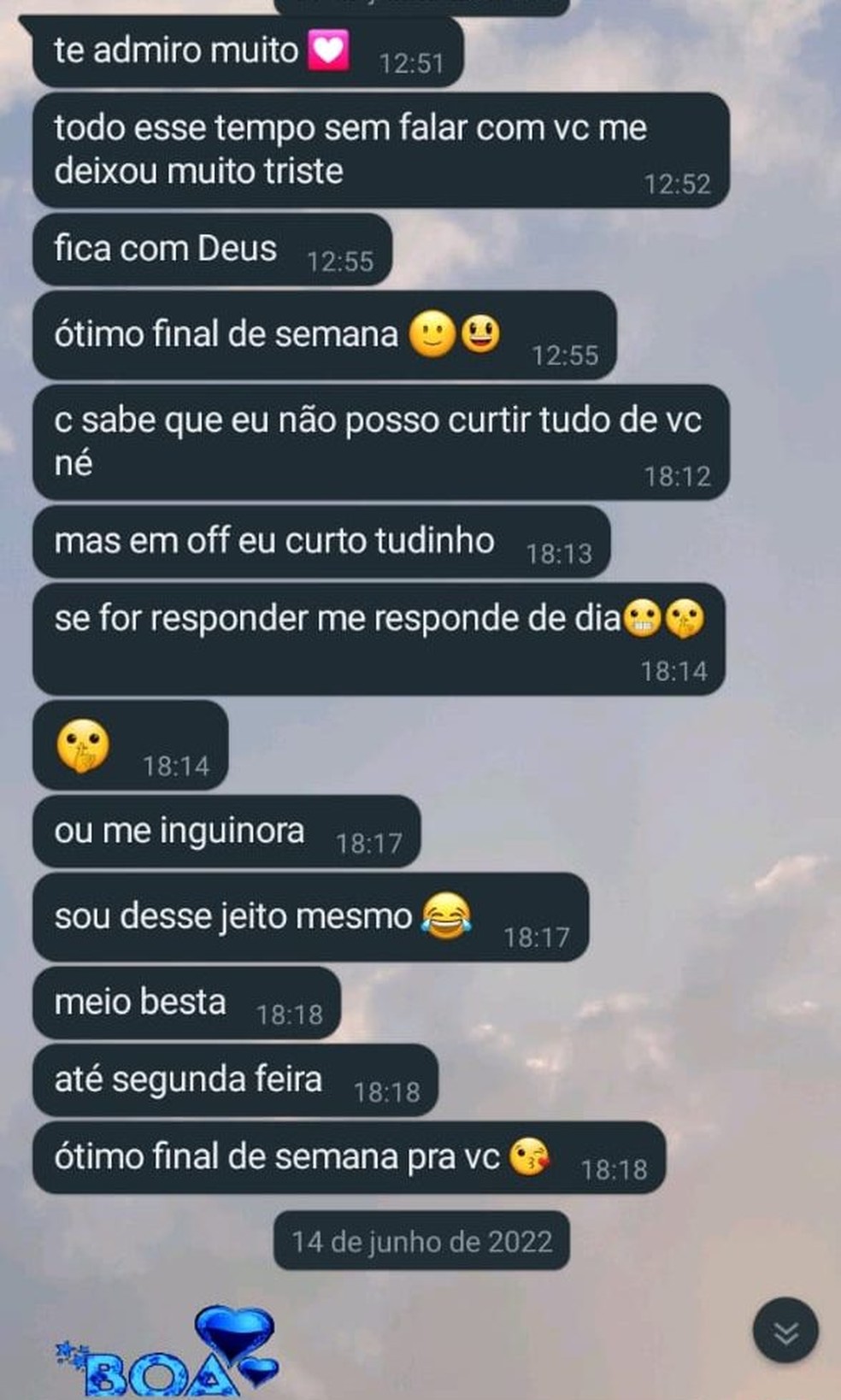 Suspeito enviava mensagens insinuadoras, com muitos elogios e com bastante frequência, desde o final de 2019 — Foto: Reprodução/WhatsApp