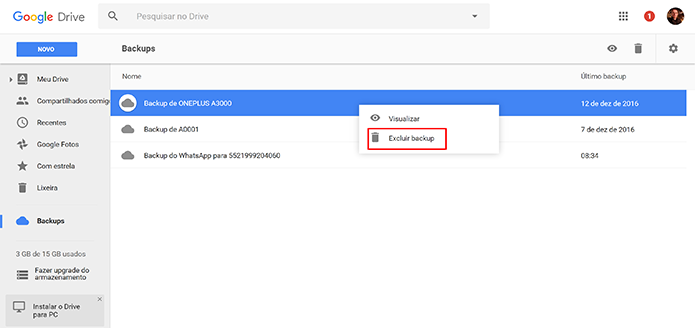 Usuário pode excluir backup do Android no Google Drive para economizar espaço (Foto: Reprodução/Elson de Souza)