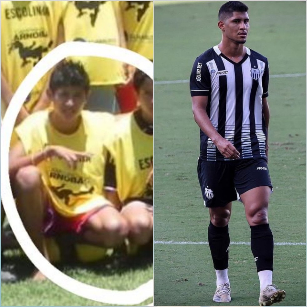 Jogador Jardeu Ribeiro com 13 anos (à esquerda) participando da Escolinha Arnobão e em atuação pelo Santos (à direita). — Foto: Arquivo pessoal