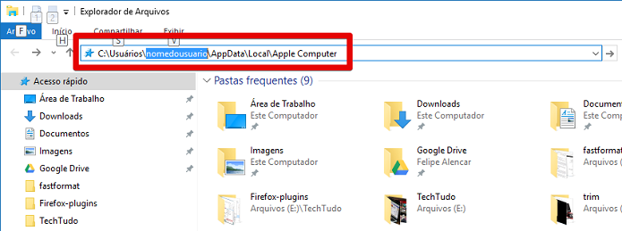 Acessando o endereço do cache do Apple Music no Windows (Foto: Felipe Alencar/TechTudo)