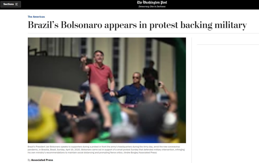 The Washington Post (EUA): 'Bolsonaro aparece em protesto de apoio a militares' — Foto: Reprodução/The Washington Post