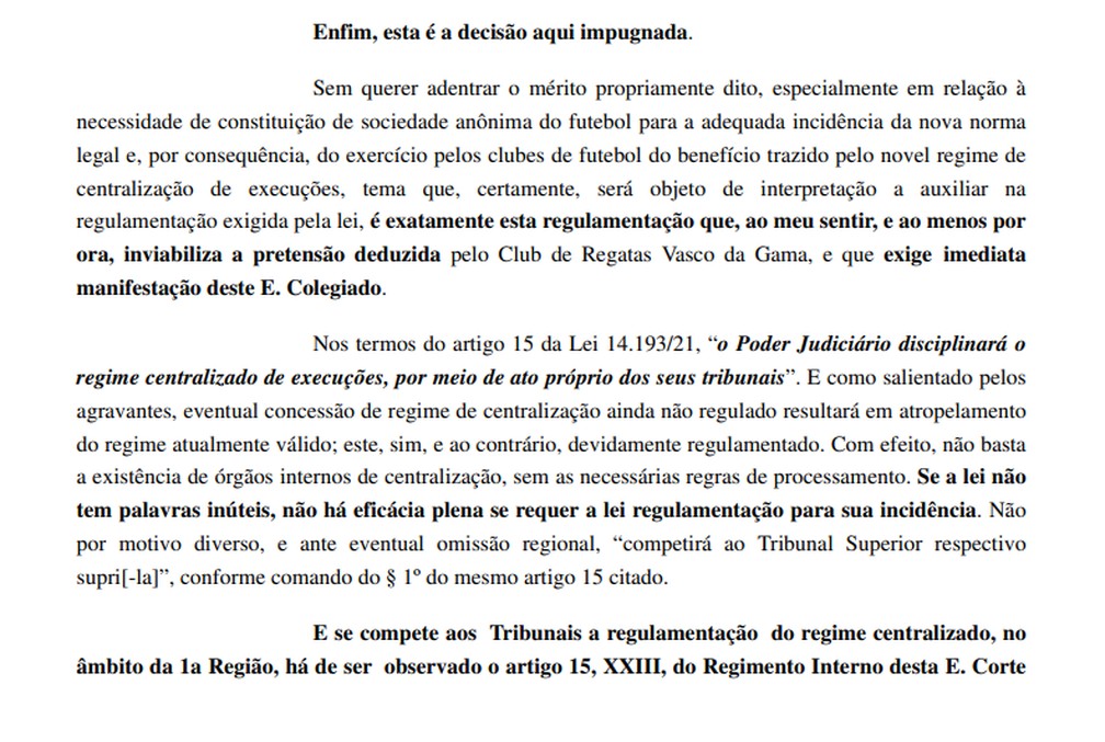 Decisão da relatora do TRT-1 que derrubou a suspensão da execução forçada contra o Vasco — Foto: Reprodução