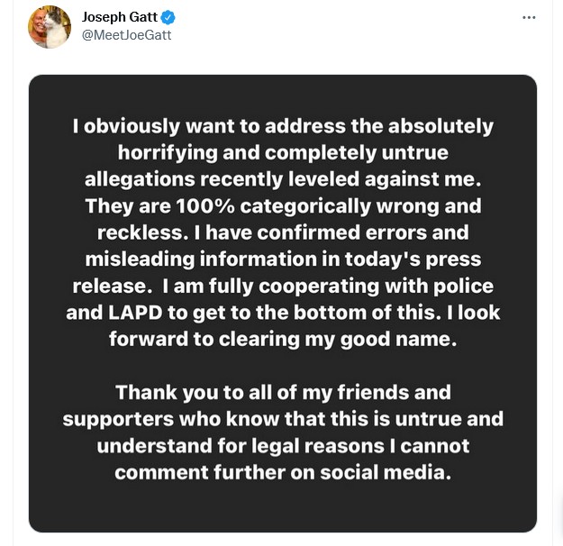 O comunicado do ator Joseph Gatt tratando das acusações contra ele (Foto: Twitter)