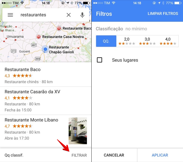 Filtrando os resultados de busca do Google Maps (Foto: Reprodução/Helito Bijora)